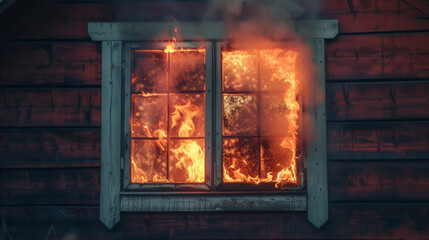 Fototapeta premium Fire in the house. Windows of the burning house. Burning building in the flames of fire at night
