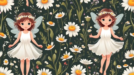 Fairy and Flowers watercolor pattern , illustration vector, gift wrapped , fabric , cloth pattern