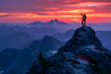 Hiker reaching the top of mountain with raised hands and a brilliant magic hour sunset background, success concept, team work concept