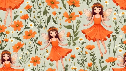 Fairy and Flowers watercolor pattern , illustration vector, gift wrapped , fabric , cloth pattern