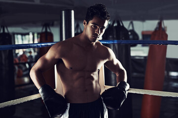 Male person, boxing and sport in gym, portrait and fitness for exercise and wellness in training...