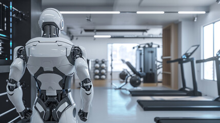 Muscular athletic bodybuilder robot exercises in gym. - obrazy, fototapety, plakaty