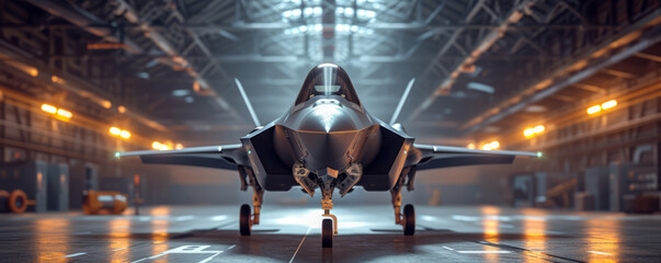 Fighter Jet parked inside a military hangar.