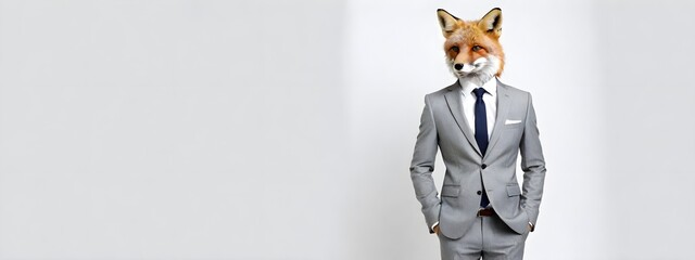 Fototapeta premium Portrait of a fox in a business suit on a plain background, working in a corporate office with copy space, business concept