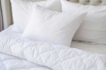 Fototapeta na wymiar Closeup of White Pillows on Bed in a Clean Apartment with Soft Bedding and Bedcover
