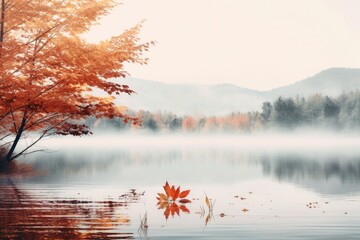 Autumnal Misty Lake in New England Park with Fog and Mountain Reflections - obrazy, fototapety, plakaty