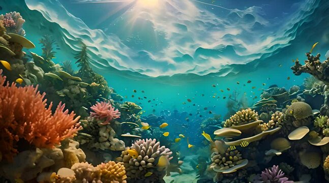 Abstract animation of an underwater landscape, corals and diverse marine creatures. Coral reefs, playful fish movements, ocean depths. Generated by AI.