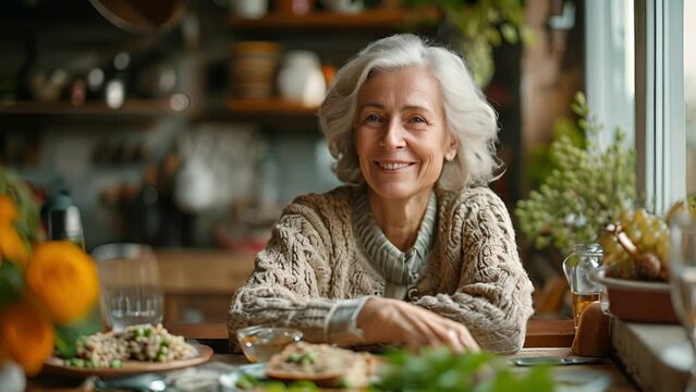 A retiree sitting at a table smiling as they enjoy a warm and nutritious slice of zucchini bread made with whole wheat flour and freshly grated vegetables.