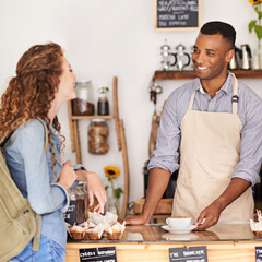 Coffee, smile and barista serving customer in bakery, cafe or deli for small business retail or...