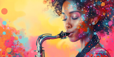 Beautiful African American female musician playing jazz music on the saxophone. Portrait of a saxophonist on a yellow background. Women's Day. Colorful illustration with place for text - obrazy, fototapety, plakaty