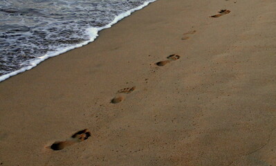 footstep in the sand by the sea in evening