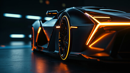 Futuristic sports car concept. Modern sports car parked in a dark garage.