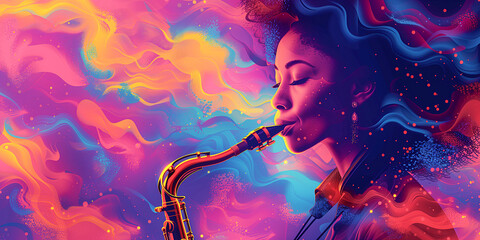 Beautiful African American female musician playing jazz music on the saxophone. Portrait of a saxophonist. Women's Day. Colorful illustration with place for text, poster for music festival - obrazy, fototapety, plakaty