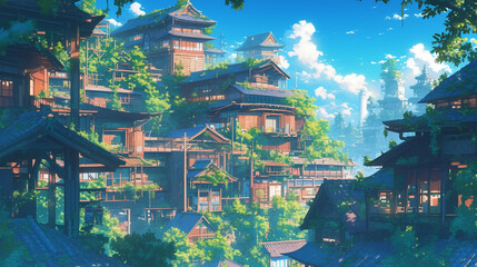 2d illustration of iconic Japanese views, anime background
