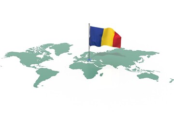 Mappa Terra con evidenziato la nazione Romania e bandiera al vento © albasu