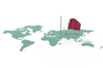 Mappa Terra con evidenziato la nazione Qatar e bandiera al vento © albasu