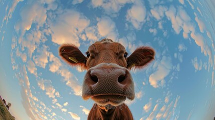 Bottom view of a cow against the sky. An unusual look at animals. Animal looking at camera