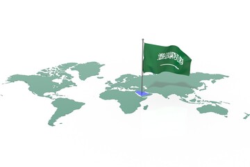 Mappa Terra con evidenziato la nazione Saudi Arabia e bandiera al vento © albasu