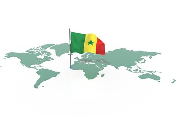 Mappa Terra con evidenziato la nazione Senegal e bandiera al vento © albasu