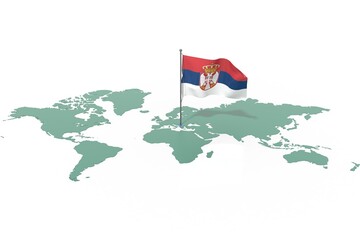 Mappa Terra con evidenziato la nazione Serbia e bandiera al vento