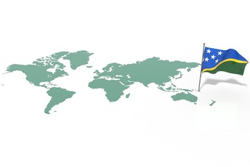 Mappa Terra con evidenziato la nazione Solomon Islands e bandiera al vento
