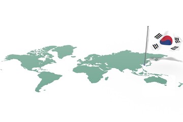 Mappa Terra con evidenziato la nazione South Korea e bandiera al vento