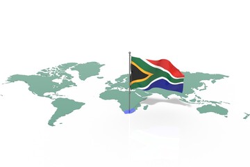 Mappa Terra con evidenziato la nazione South Africa e bandiera al vento