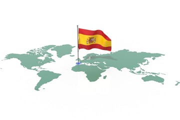 Mappa Terra con evidenziato la nazione Spain e bandiera al vento