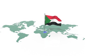 Mappa Terra con evidenziato la nazione Sudan e bandiera al vento