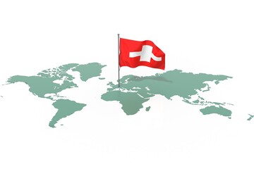 Mappa Terra con evidenziato la nazione Switzerland e bandiera al vento