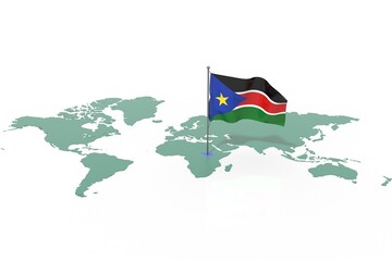 Mappa Terra con evidenziato la nazione South Sudan e bandiera al vento