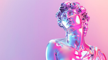 Abstract concept illustration from 3D rendering of silver chrome reflecting classical torso sculpture of a female in vaporwave color palette gradient background - obrazy, fototapety, plakaty