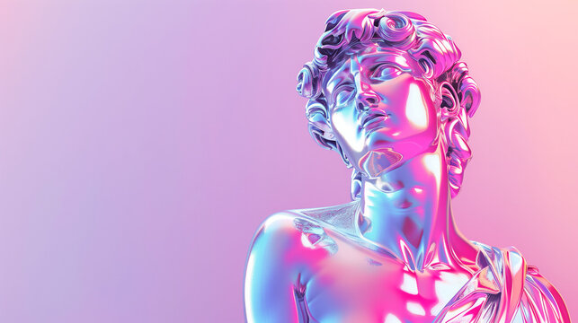 Abstract concept illustration from 3D rendering of silver chrome reflecting classical torso sculpture of a female in vaporwave color palette gradient background