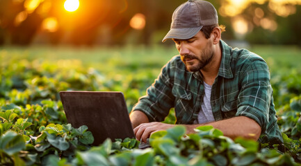 Man using a laptop in a field of crops with the sunset in the background, ai generated - obrazy, fototapety, plakaty