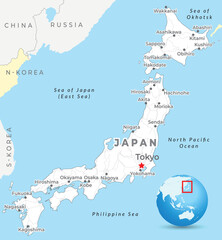 Japan map with capital Tokyo, most important cities and national borders