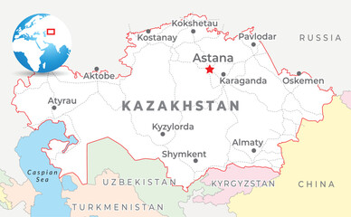 Kazakhstan map with capital Astana, most important cities and national borders