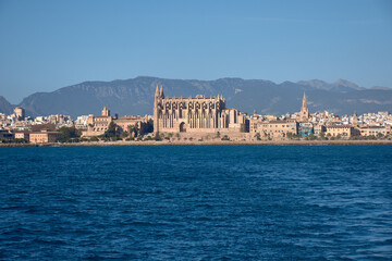 Palma Cathedral from a boat, Palma, Mallorca, Balearic Islands, Spain, Europe