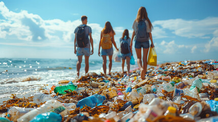 a group of people are walking on a beach covered in plastic bottles - obrazy, fototapety, plakaty