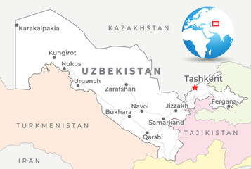 Uzbekistan map with capital Tashkent, most important cities and national borders