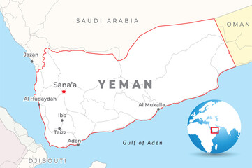 Yemen map with capital Sana'a, most important cities and national borders