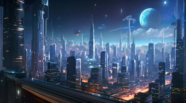 Abstract animation of a technological city, illuminated by neon colors. Futuristic, urban, planet, construction, neon lights, cyberpunk, innovation, progress, electrifying. Generated by AI.