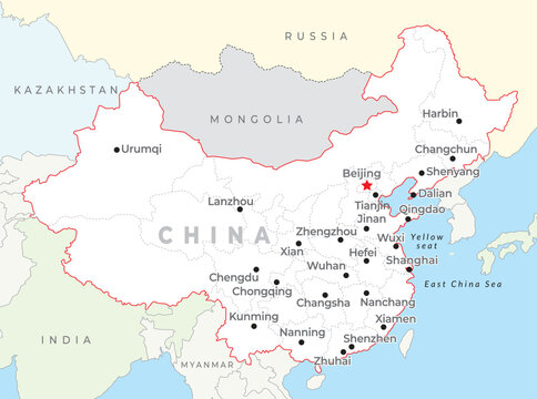 China map with capital Beijing, most important cities and national borders