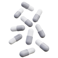 Falling capsules 3D render illustration. Pharmacy remedies 3D rendering. Pharmaceutical medicine pills.