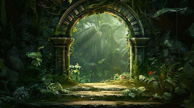 Abstract animation ancient doorway in forest. Weathered, mysterious, moss-covered, overgrown, secluded, woodland, rustic, mystical, atmospheric. Generated by AI.