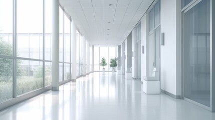 White blur office building, healthcare clinic, hospital or school background interior view looking out toward to empty lobby