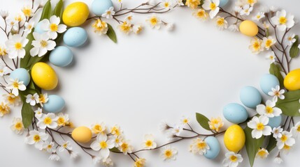 Flat lay frame with easter eggs and spring flowers  on white background