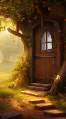 Enchanting Rustic Wooden Door Amidst Sunlit Nature