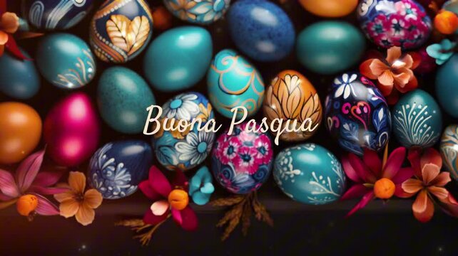 Radiant "Buona Pasqua" text animation amidst a variety of artistically decorated Easter eggs