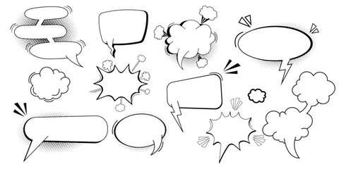 Set pow bubble speech comic expression frame cartoon doodle isolated on white background. Boom explode effect, halftone decoration, - obrazy, fototapety, plakaty