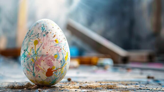 abstract painted easter egg in construction site with moving dewy scene video of ester greetinng from civil engineering company